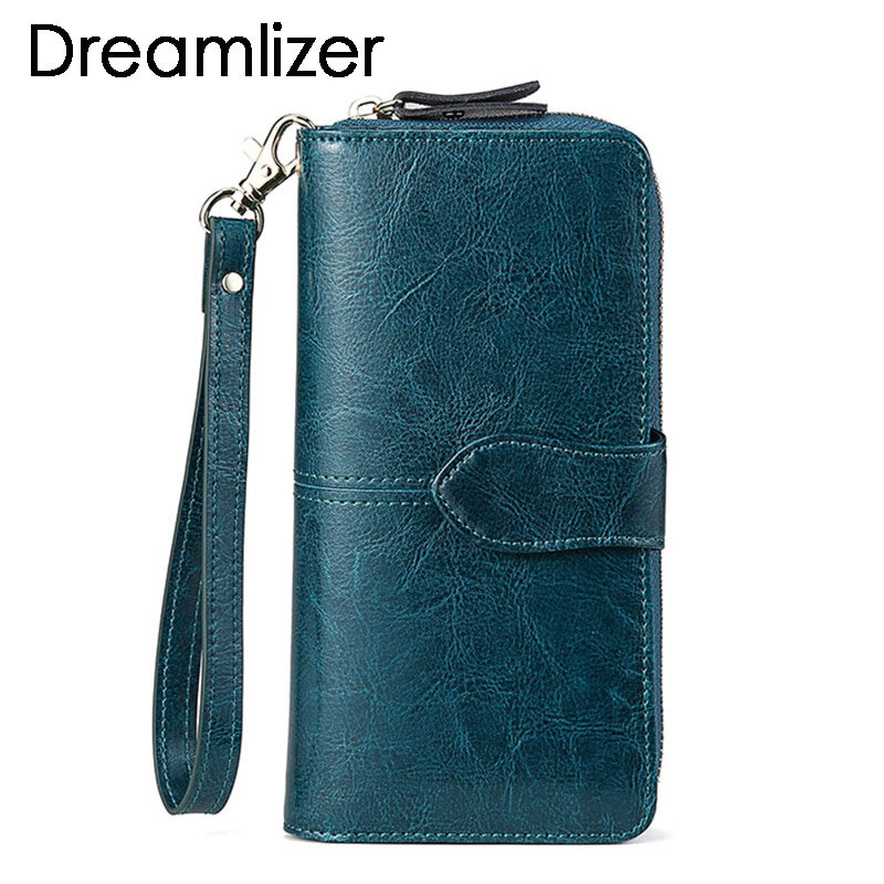Brand Wax Oil Real Leather Women Wallet Large Compartment Long Leather Female Clutch Purse Cellphone Bag Coin Wallet Lady