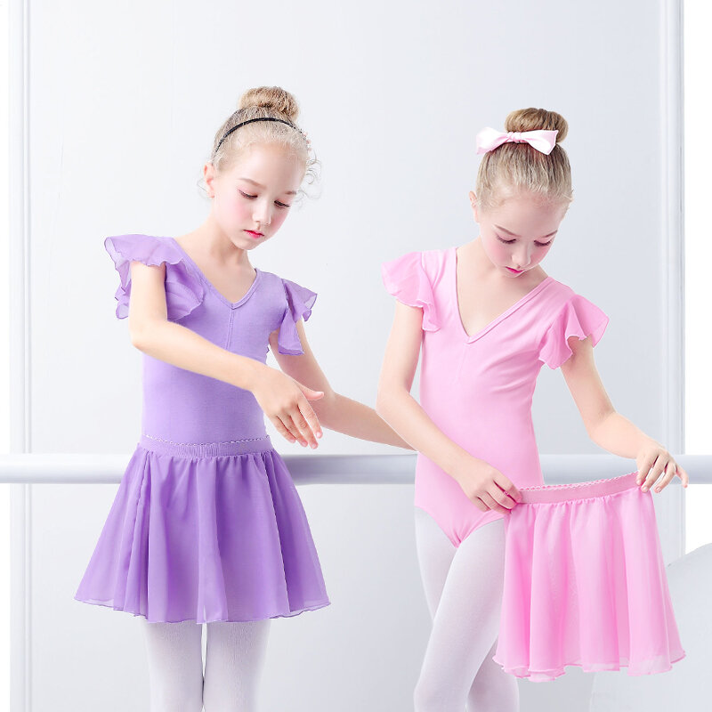 Ballet Jurk Gymnastiek Maillots Voor Meisjes Kids Korte Mouw Ballet Dancewear Chiffon Rokken Kids Strik Dans Maillots