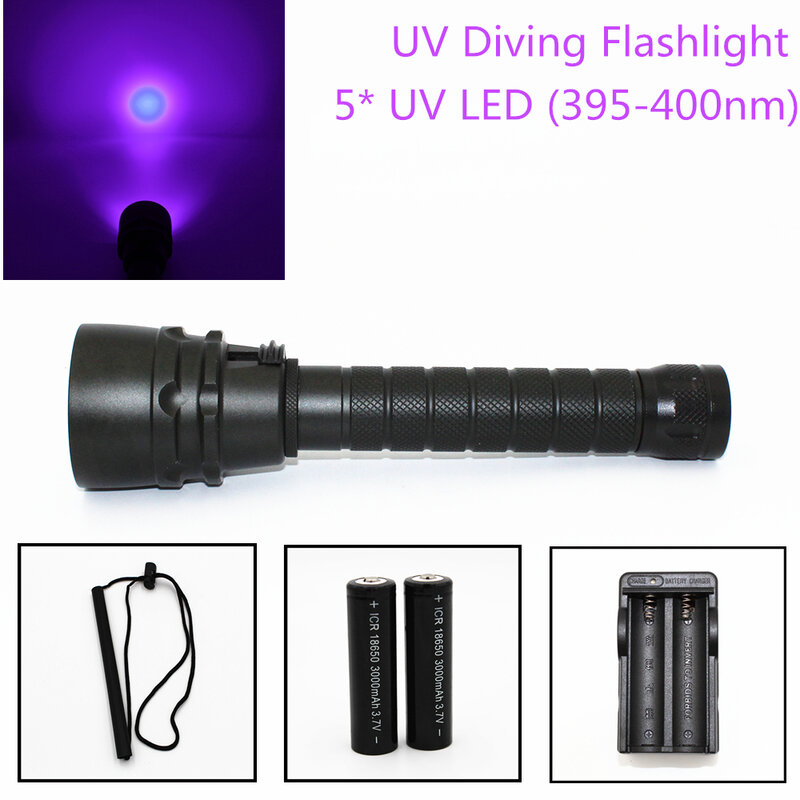 25w ultravioleta lanterna 5000lm 5 x uv led roxo luz subaquática 100m mergulho lanterna tocha de alumínio (395-400nm) para caça