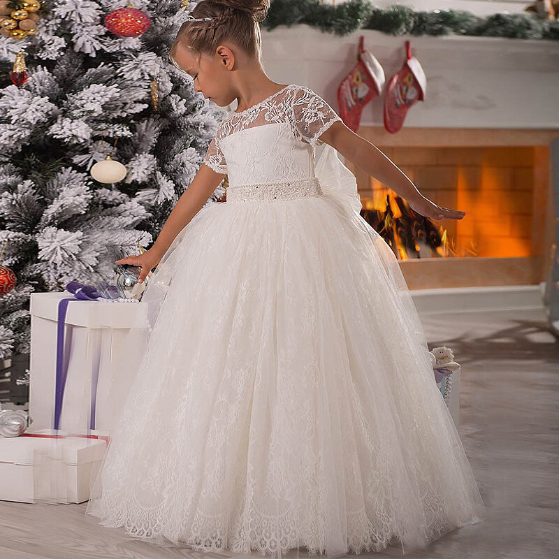 Белое платье с цветочным узором для девочек детское праздничное кружевное длинное платье для дня рождения платье с бантом для Первого Причастия платье для выпускного вечера От 2 до 14 лет