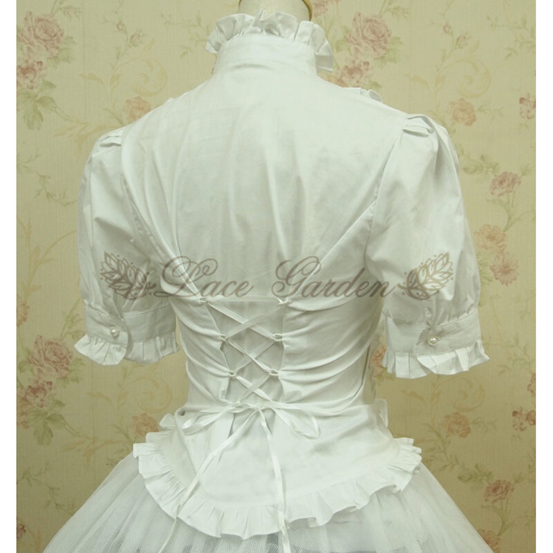 夏の女性白ショートトップスヴィンテージビクトリア朝フリル包帯シャツレディースゴシックブラウスロリータ衣装
