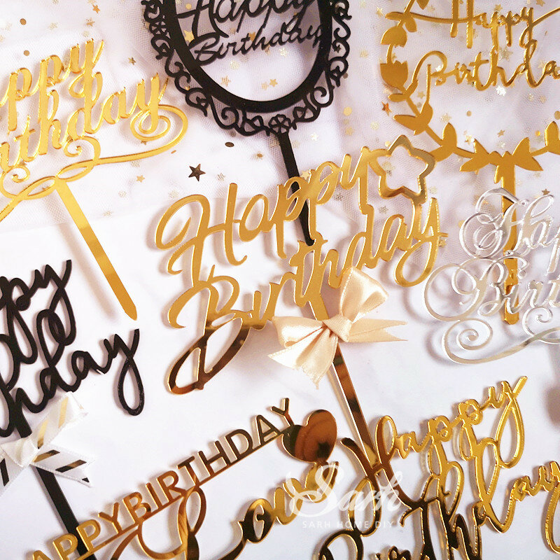 Emas Perak Hitam Acrylic Tangan Menulis Selamat Ulang Tahun Kue Makanan Penutup Dekorasi untuk Ulang Tahun Pesta Hadiah Yang Indah