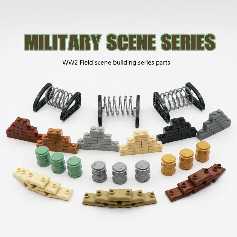 군사 장면 무기 팩 MOC 벽돌 샌드백 오일 드럼 와이어 배리어 육군 군인 WW2, 군사 기지 빌딩 블록 장난감, 어린이