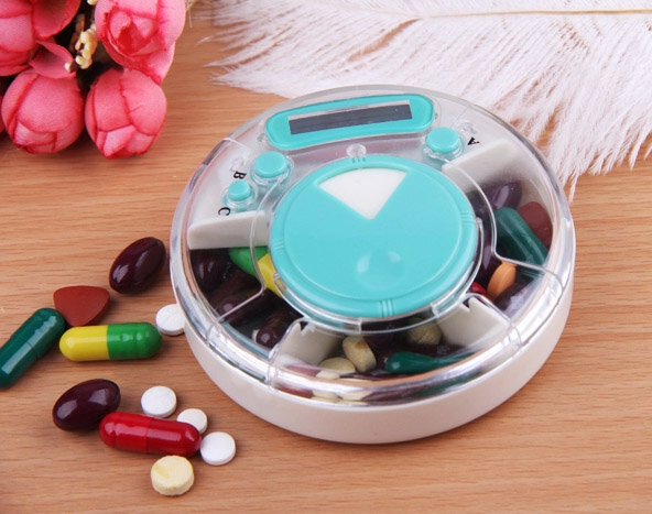 ดิจิตอล Pill กรณี & Splitters อัจฉริยะกล่องยา Electronics คอนเทนเนอร์ Circular Daily Reminder นาฬิกาปลุกแบบพกพา