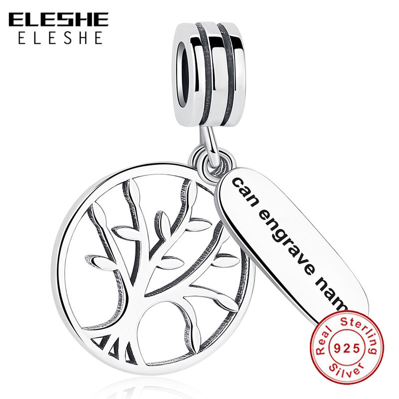 ELESHE 925 Sterling Silver Round Family Tree Dangle Charm Engrave Name Bead Fit Original Bracelet Making Fashion DIY Jewelry