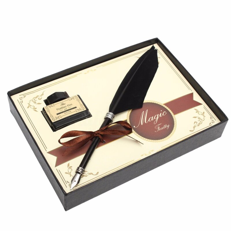 3Colors Feather Quill Metal Nib Brown Dip Pen Writing Ink Set With Box Gift 21 x 0.5cm