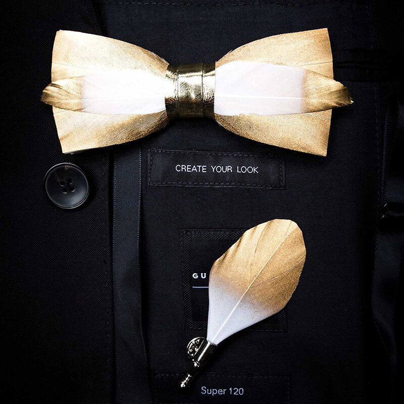 JEMYGINS oryginalny Design naturalne Brid Feather wykwintne ręcznie wykonane muszka broszka Pin zestaw podarunkowy dla mężczyzn wesele Bowtie