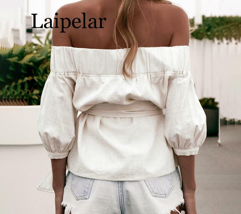 Laipelar Off ไหล่เสื้อผู้หญิงเสื้อเสื้อปุ่มฤดูร้อนโคมไฟแขน sashes หญิงเสื้อลำลองวินเทจ 2019 ใหม่