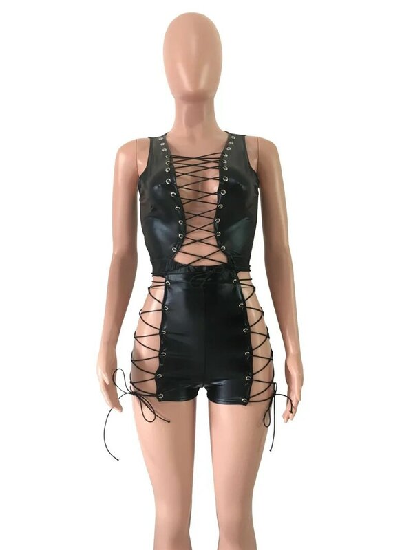 Sexy Club Bandage Bodysuits Women V-Neck Lace Up Hollow Out Clubwear Skinny Black Leather Jumpsuit Shorts Playsuits Combinaison