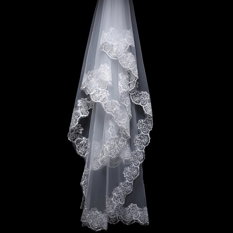 Vrouwen 150Cm Bridal Korte Sluier White One Layer Lace Flower Edge Applicaties