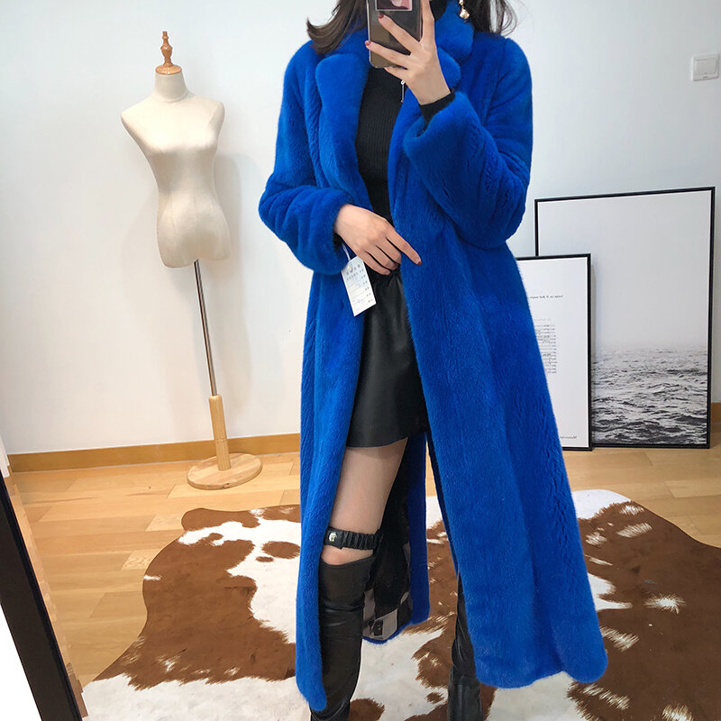 Feminino real pele de vison casaco longo temperamento feminino mangas compridas casaco de pele de vison veludo-grau auto-melhoria azul garfo traseiro