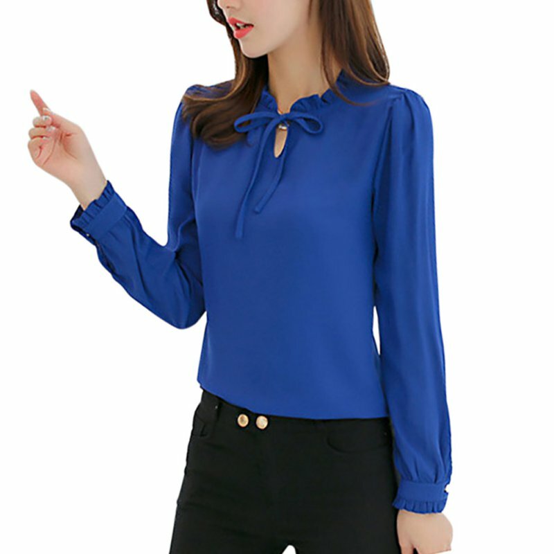 Wiosenne damskie niebieskie koszule z długim rękawem stoją kołnierz bluzki z kokardką eleganckie damskie szyfonowe bluzki topy moda odzież do pracy biurowej