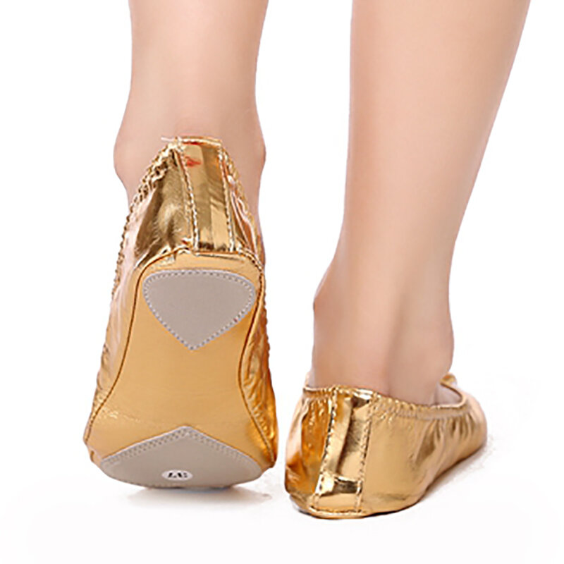 MMX10-zapatos de danza del vientre para niña y mujer, zapatillas de Ballet, de cuero, color dorado, suave, PU
