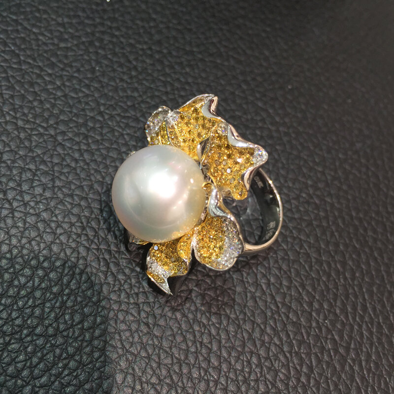 Anillo de perlas naturales del Mar del Sur, anillo de oro de 18K con flor de diamante, envío gratis, acepta pedido de cualquier tamaño del anillo, 15MM