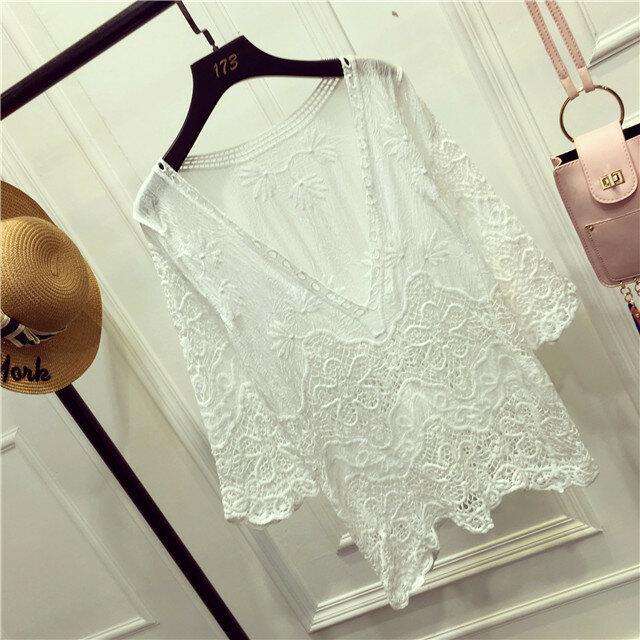 New 2019 Spring Summer Women's Sexy Deep V Neck Beach Cover Up Ladies Elegant 3/4 Sleeve White Lace Blouse Shirt Women Tops 1505