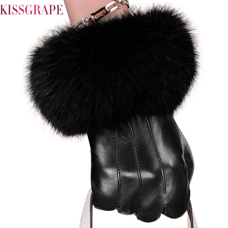 Luxury Fur Touch Screen ผู้หญิงถุงมือหนังฤดูหนาวหญิงหนัง Sheepskin ถุงมือกระต่ายขนสัตว์สุภาพสตรี Mittens
