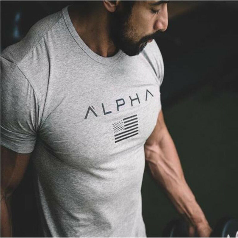 Alfa męskie marki siłownie t shirt Fitness kulturystyka Slim bawełniane koszule mężczyźni z krótkim rękawem trening męskie Casual Tees topy