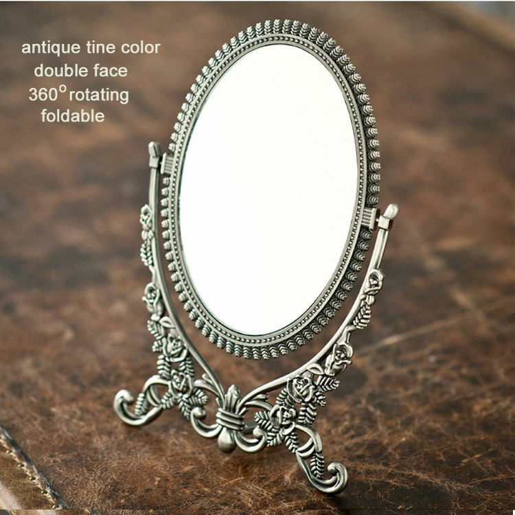360 rotating retro double face foldable alloy metal table makeup dresser desktop cosmetic mirror embossed antique tin frame 338B
