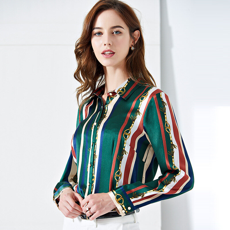 CISULI 100% Mulberry Silk Shirt/Satin Blouses/Shirt Woman Long Sleeve/ Women's Shirt/Slim Stripe Summer Ladies Tops