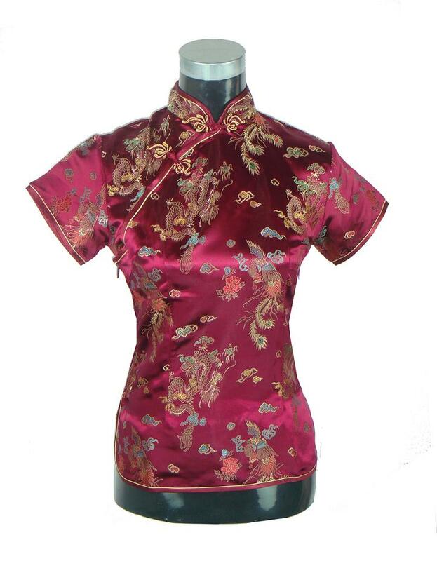 Musim Panas Lengan Pendek Merah Wanita Atasan Kemeja Cina Wanita Tradisional Satin Sutra Blus Baru Naga Pakaian S M L XL xxl WS005