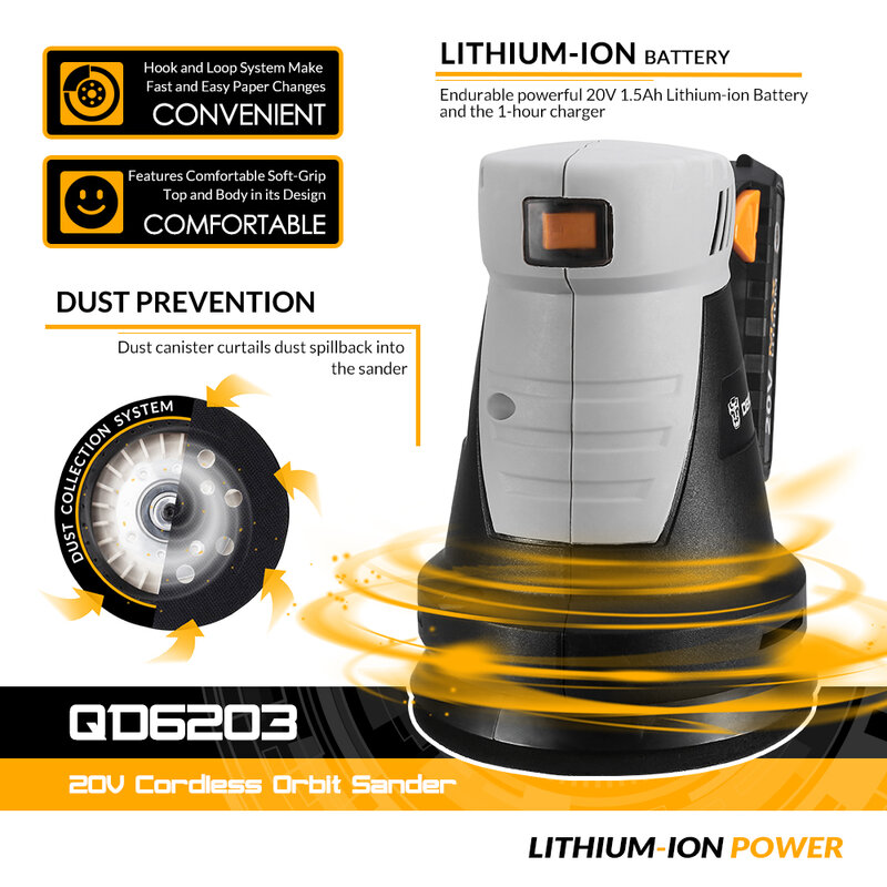 DEKO 20V Cordless Random Orbit Sander with sandpaper Lithium-Ion Battery 10,000/min Power Tools