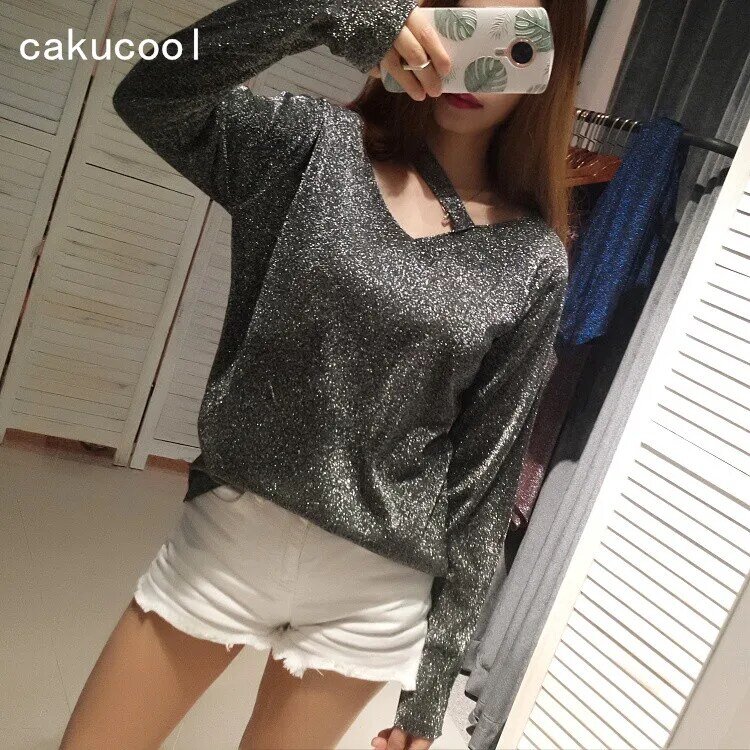 Cakucool-بلوزة فضية بأكمام طويلة ، قميص لامع للنساء ، رقبة على شكل v ، مثير ، مخرم ، غير رسمي ، فضفاض ، نحيف ، أنيق