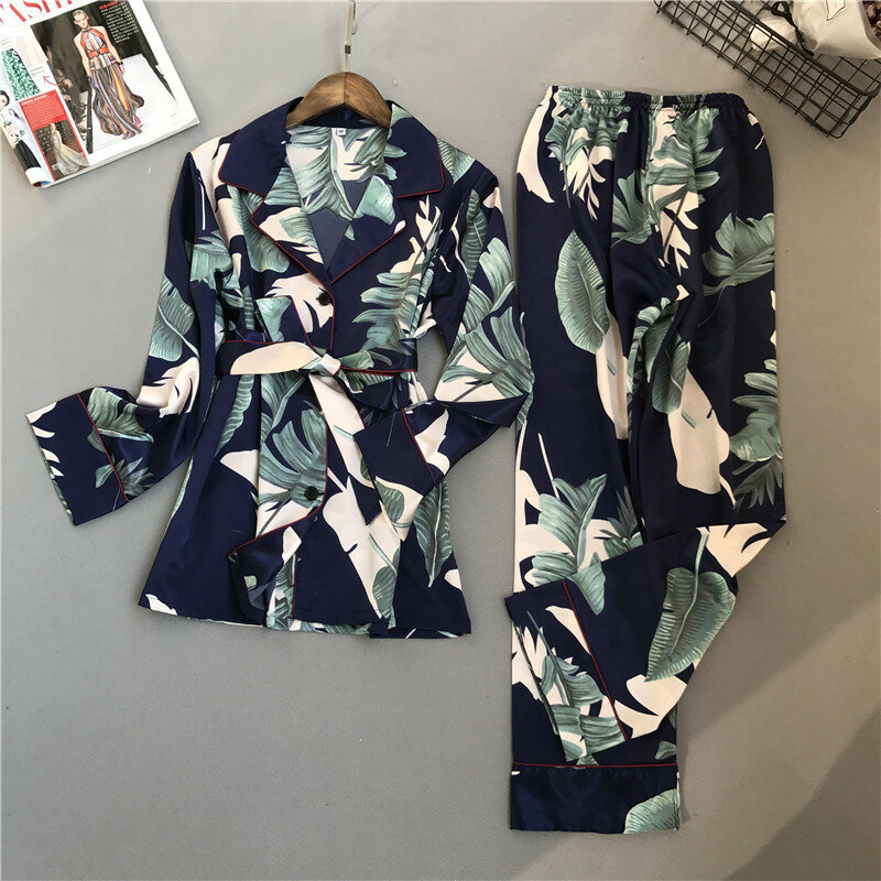 Lisacmvpnel-Conjunto de pijama de papel feminino, pijamas rayon, calças manga comprida, padrão estampado, primavera