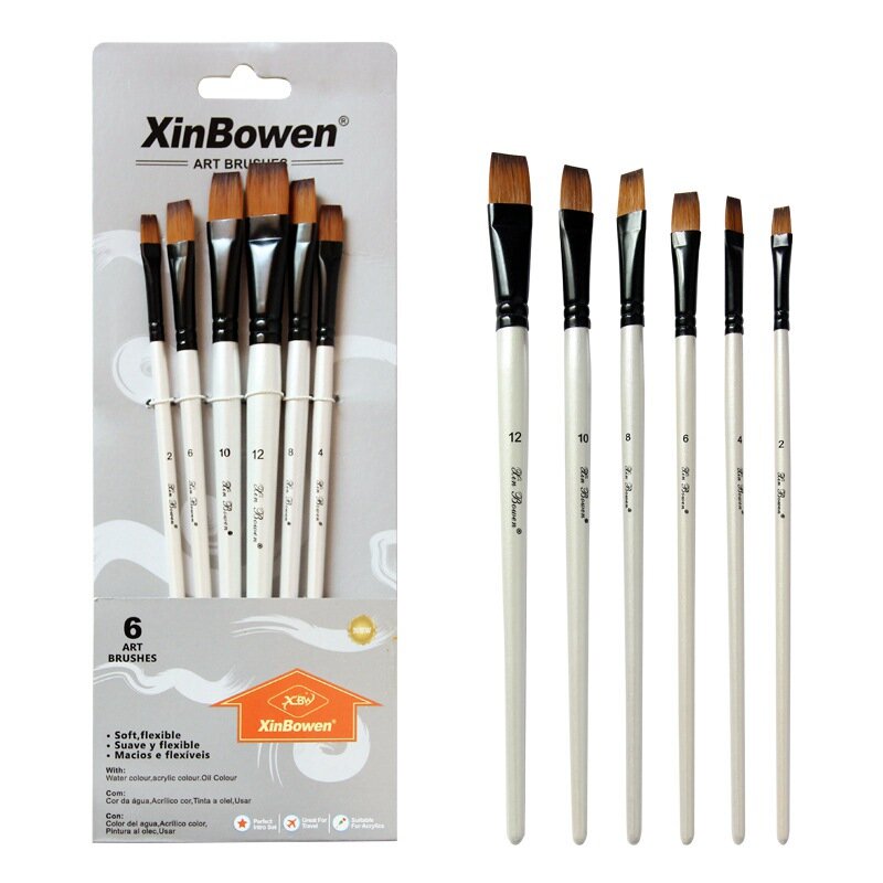 6pc Fine Nylon Hair Pearl White Wooden Handle Paint brush Oil Watercolor Paint Brushes for Acrylic Painting Drawing Art Supplies