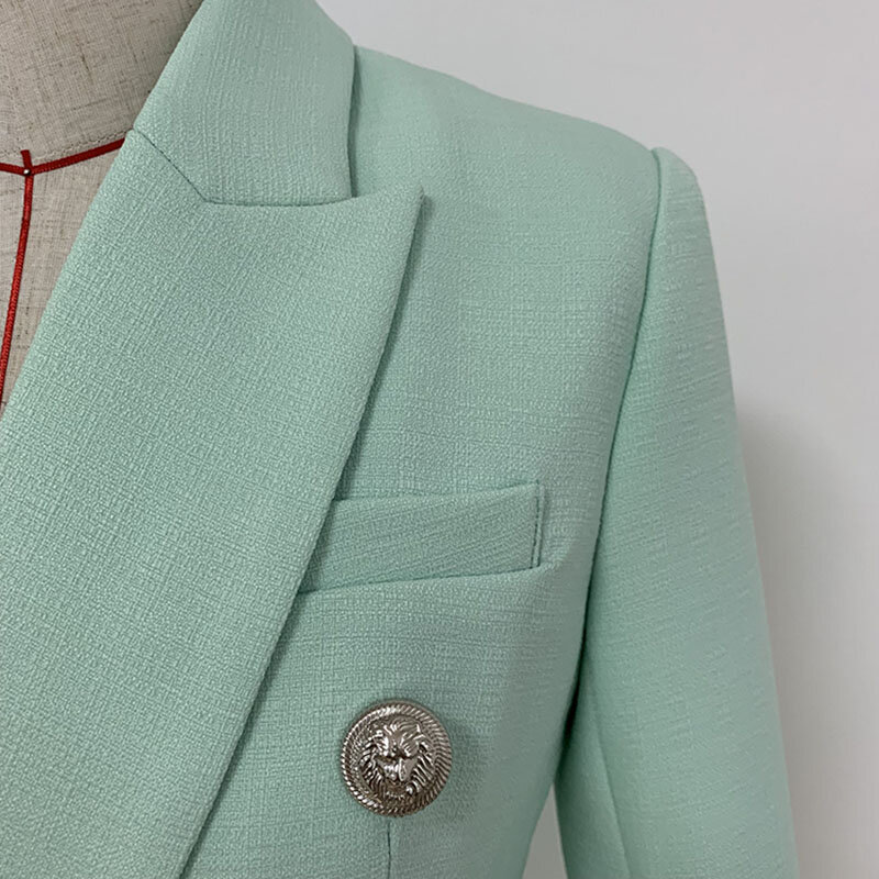Chaqueta clásica de diseñador barroco para mujer, Blazer texturizado de doble botonadura con botones de León de Metal, color verde menta, 2024