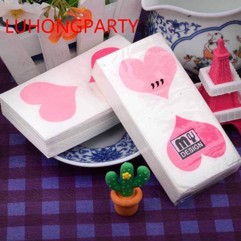 50pcs 핑크 로즈 하트 사랑 인쇄 작은 냅킨 종이 화장실 조직 파티 손수건 웨딩 생일 휴가 공급