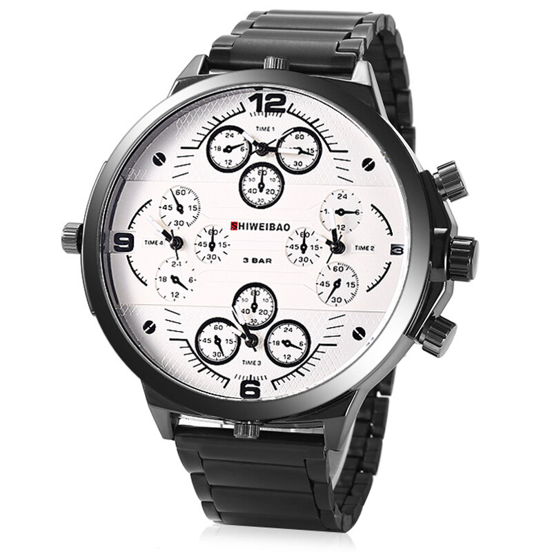 メンズクォーツ時計,ファッショナブルなミリタリー腕時計,大容量ケース,4つのゾーン,カジュアル腕時計,黒のスチールブレスレット
