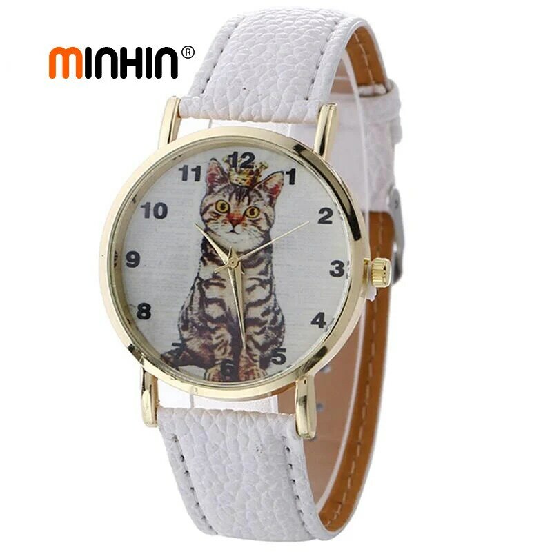 Minhin 패션 소녀 시계 학생 가죽 쿼츠 시계 고양이 패턴 팔찌 시계 여성을위한 도매 크리 에이 티브 시계