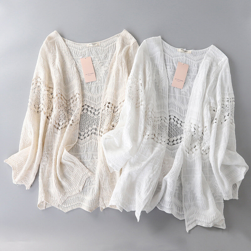 Middle Hollow Cotton Embroidery Lace Cardigan Coat Spring Seaside Holiday Sun Protection Women White Long Sleeve Tops