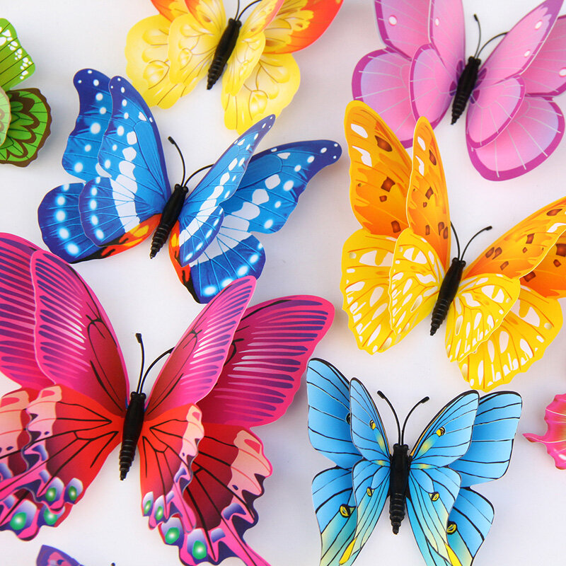 12 Buah Warna Campuran Dua Lapisan Kupu-kupu 3D Stiker Dinding untuk Dekorasi Pernikahan Magnet Kupu-kupu Kulkas Decal Dekorasi Kamar Rumah