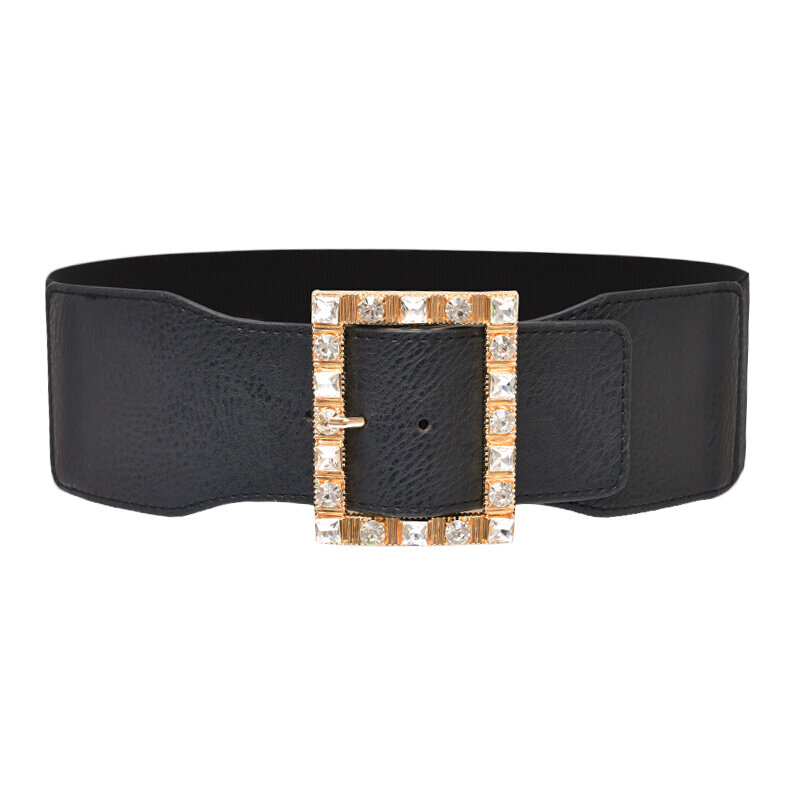 Cinturón ancho de 7,5 cm para mujer, accesorios de ropa, hebilla cuadrada de cristal, decoración, negro, cuero de PU, pretina de ocio