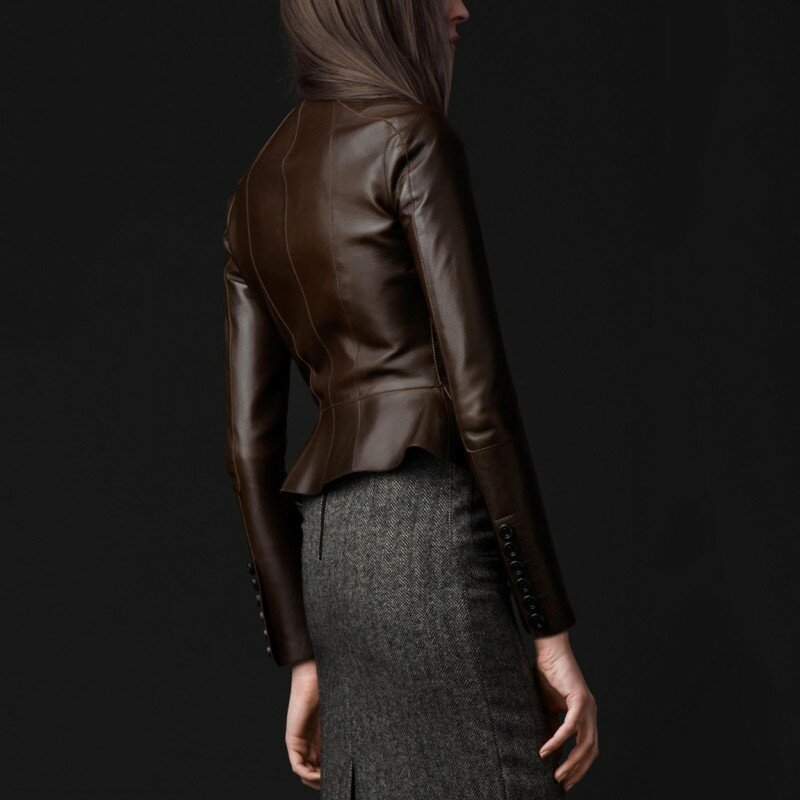 Куртка женская из овечьей кожи, с оборками, короткая, черная, коричневая