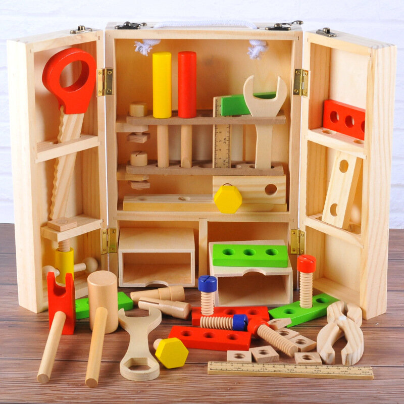 Caixa de ferramentas portátil de madeira para meninos, diy, kit de reparo de madeira para crianças, educação inicial, quebra-cabeça, brinquedos plus
