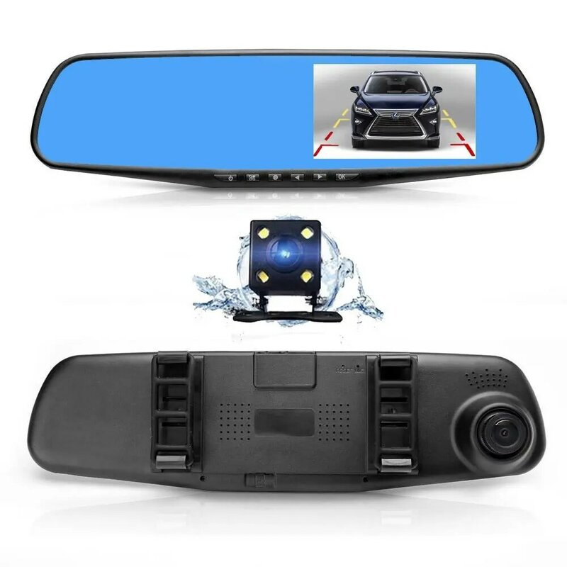 Beliewim 4,3 pulgadas coche DVR cámara HD 1080P espejo retrovisor Auto cámara Video reordenar doble lente Dash Cam