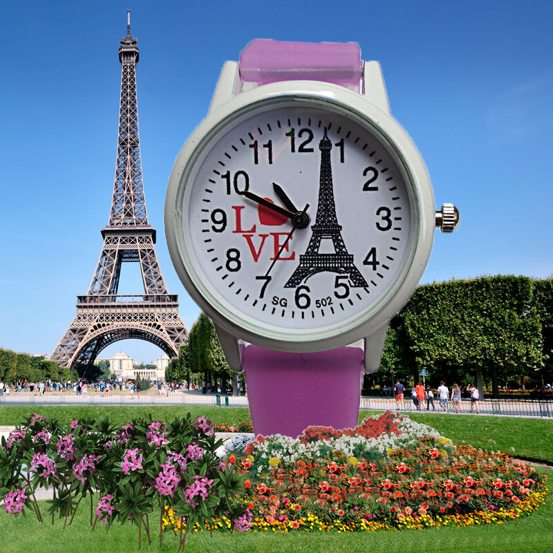 Relógios românticos de amor de paris, torre de paris, relógio infantil em formato de coração para estudantes e crianças, relógio de quartzo com vestido de cristal