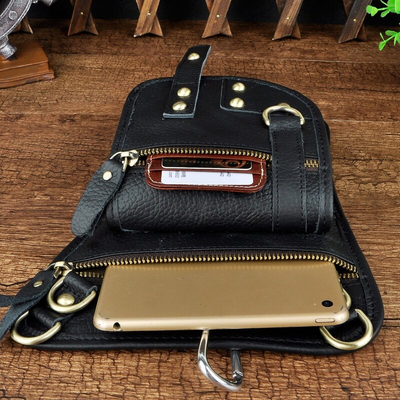 Men's Crazy Horse Leather Design Messenger Bag, Cinto de Viagem, Fanny Waist Pack, Drop Leg Bag, Tablet Pouch, Small Fashion, 2141