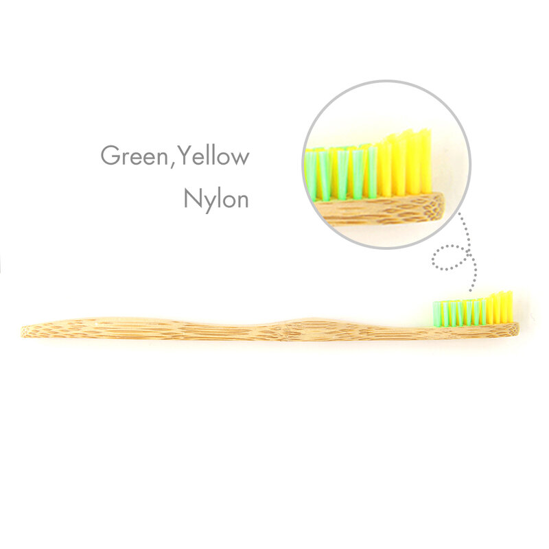 Cepillos de dientes de bambú amarillo + cerdas verdes, Capitellum cerdas suaves, mango de madera de fibra de nailon, paquete de 5 uds.
