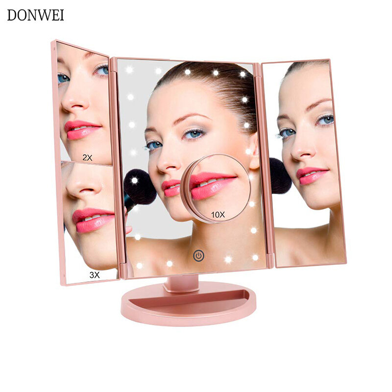 Donwei-espelho para maquiagem com 22 leds, 1x, 2x, 3x, 10x, tipo lupa, 4 em 1, dobrado