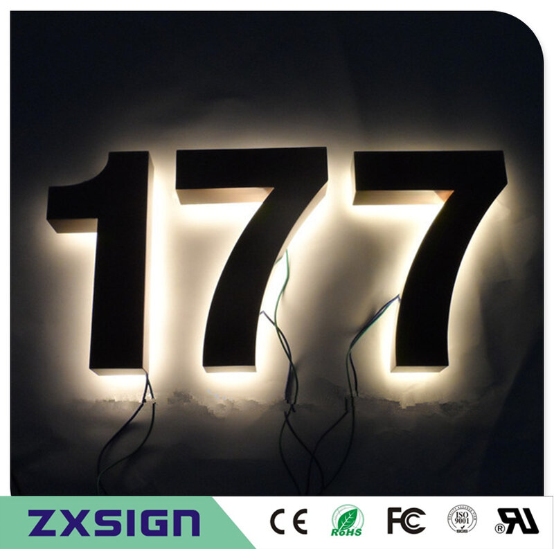 Plaque de porte extérieure à LED, sortie d'usine, rétro-éclairage, en acier inoxydable, numéros de maison, 304 #