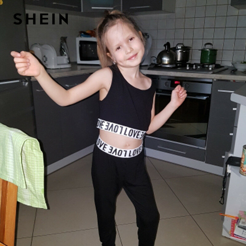 Shein preto carta impressão colheita topo e calças meninas roupas de duas peças conjunto 2019 ativo wear moda sem mangas crianças roupas