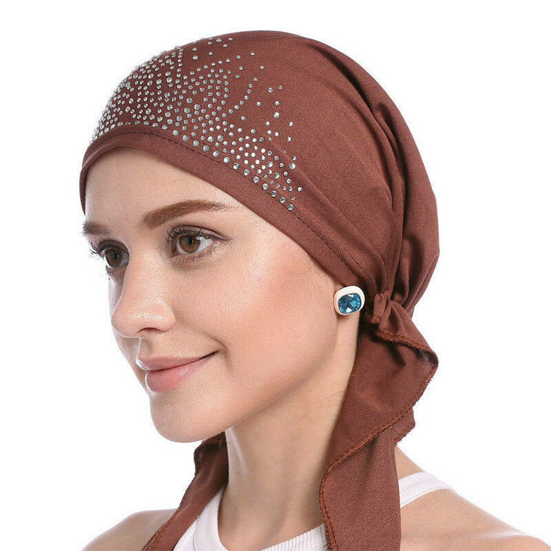 Fashion Muslim Headscarf Hat Thin Summer Women Inner Hijab Bonnet Solid Diamond Turban Caps India Head Wrap Hats For Lady