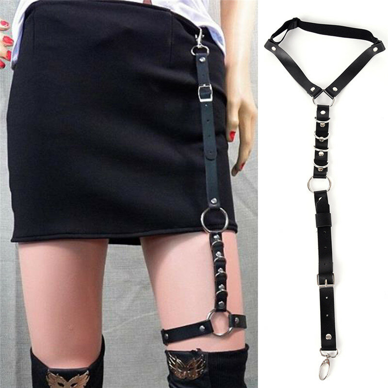 Kaus kaki buatan tangan Garter uniseks seksi wanita mode baru Harajuku klip tali tunggal kulit Punk kait Suspender cincin kaki dapat disesuaikan