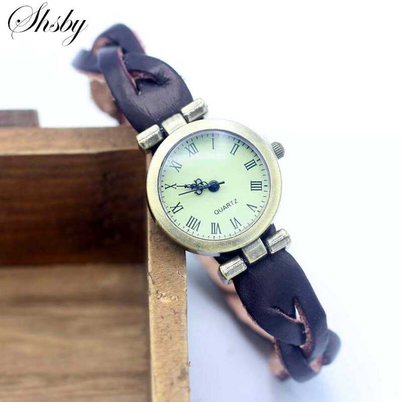 Shsby 심플 유니섹스 빈티지 시계, 로마 레더 스트랩 팔찌 시계, 트위스트 크로스, 청동 여성 손목시계