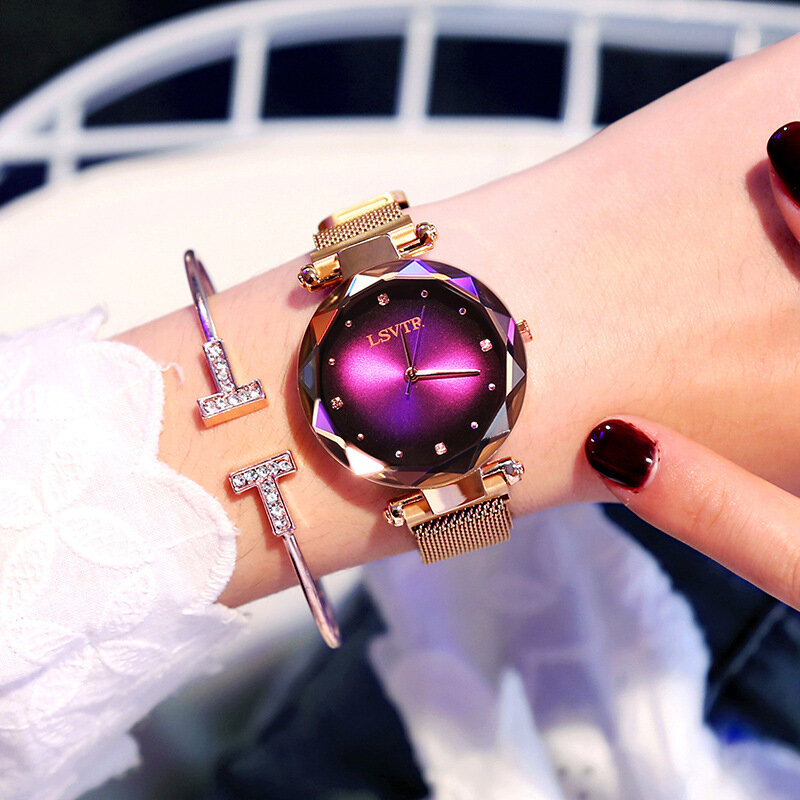 2019 luxo rosa de ouro relógios feminino pulseira moda diamante vestido das senhoras céu estrelado magnético quartzo relógio pulso relogio feminino