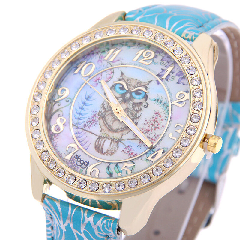 Reloj de pulsera de lujo de marca MINHIN, Relojes de pulsera con estampado de rosas, diseño de búho, reloj Casual de diamantes de imitación de oro