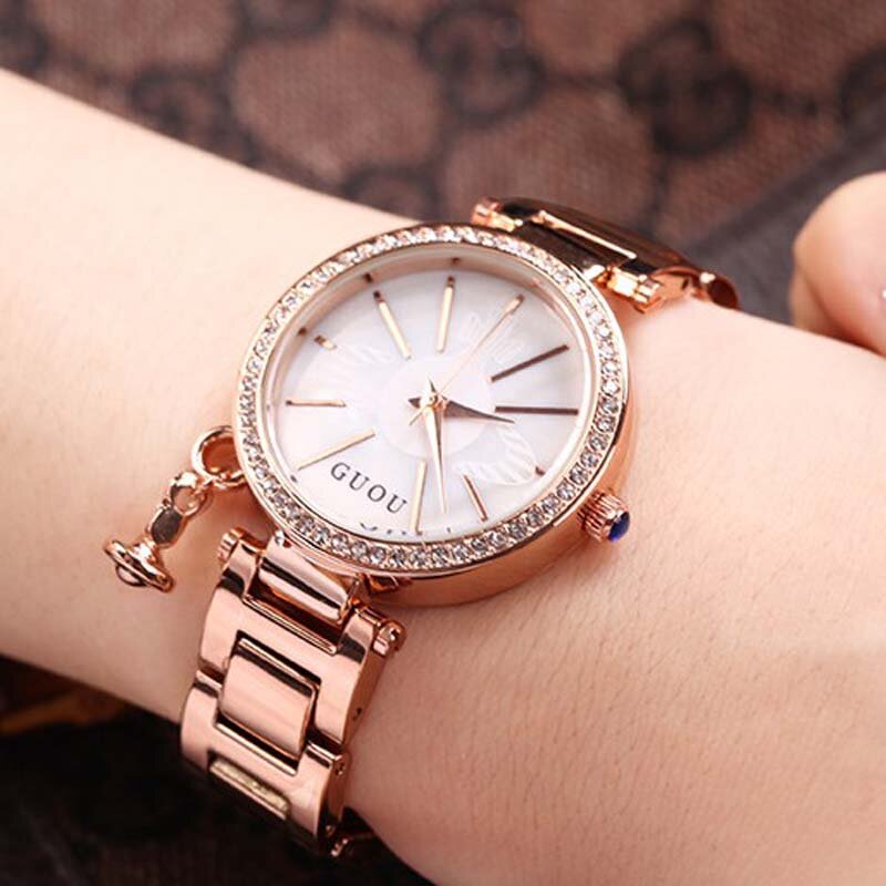 Fashon Guou-relojes de cuarzo con diamantes para mujer, pulsera femenina de marca de lujo, de acero inoxidable dorado
